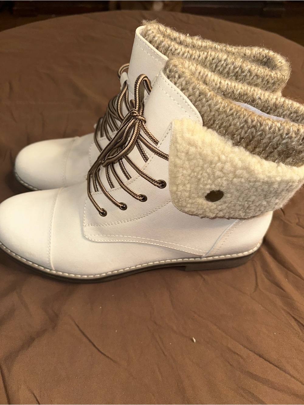 Cliffs by WHITE MOUNTAIN Cream Lace-Up Ankle Boots with Knit Cuff